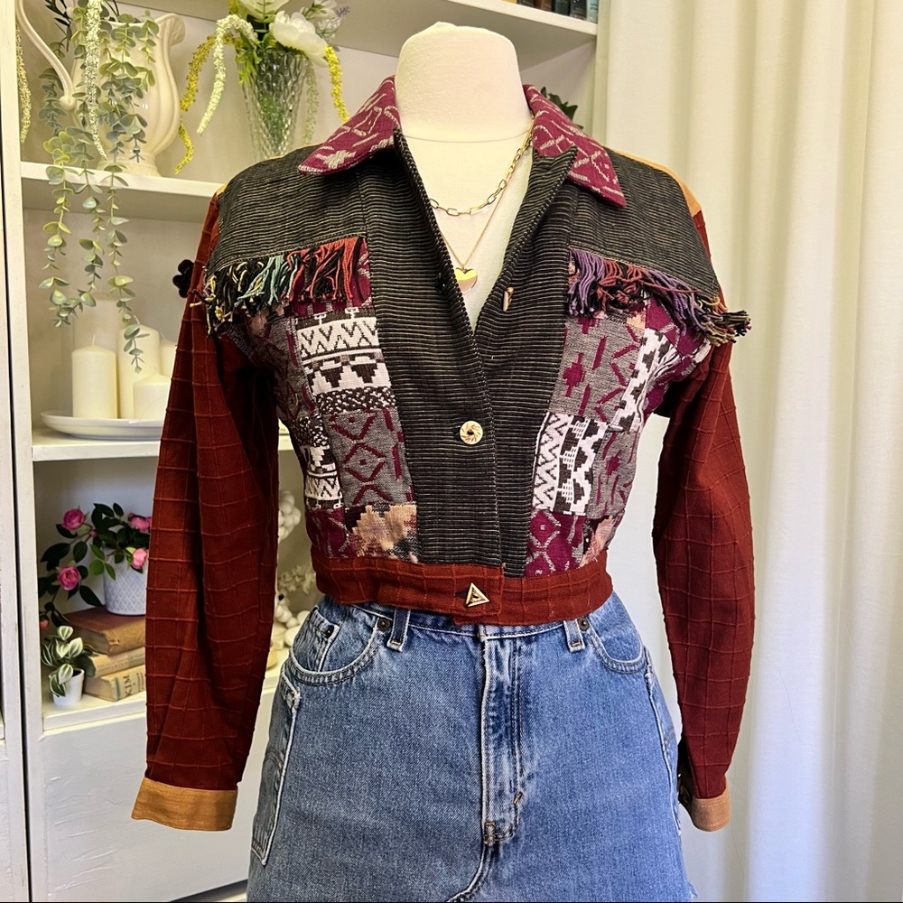 90s Passports by Pier 1 Imports Eclectic Fringe Patchwork Cropped Jacket - Picture 1 of 13